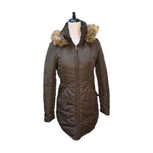Maralyn & Me Chocolate Brown Puffer Coat with Faux Fur Hooded Trim Womens Medium